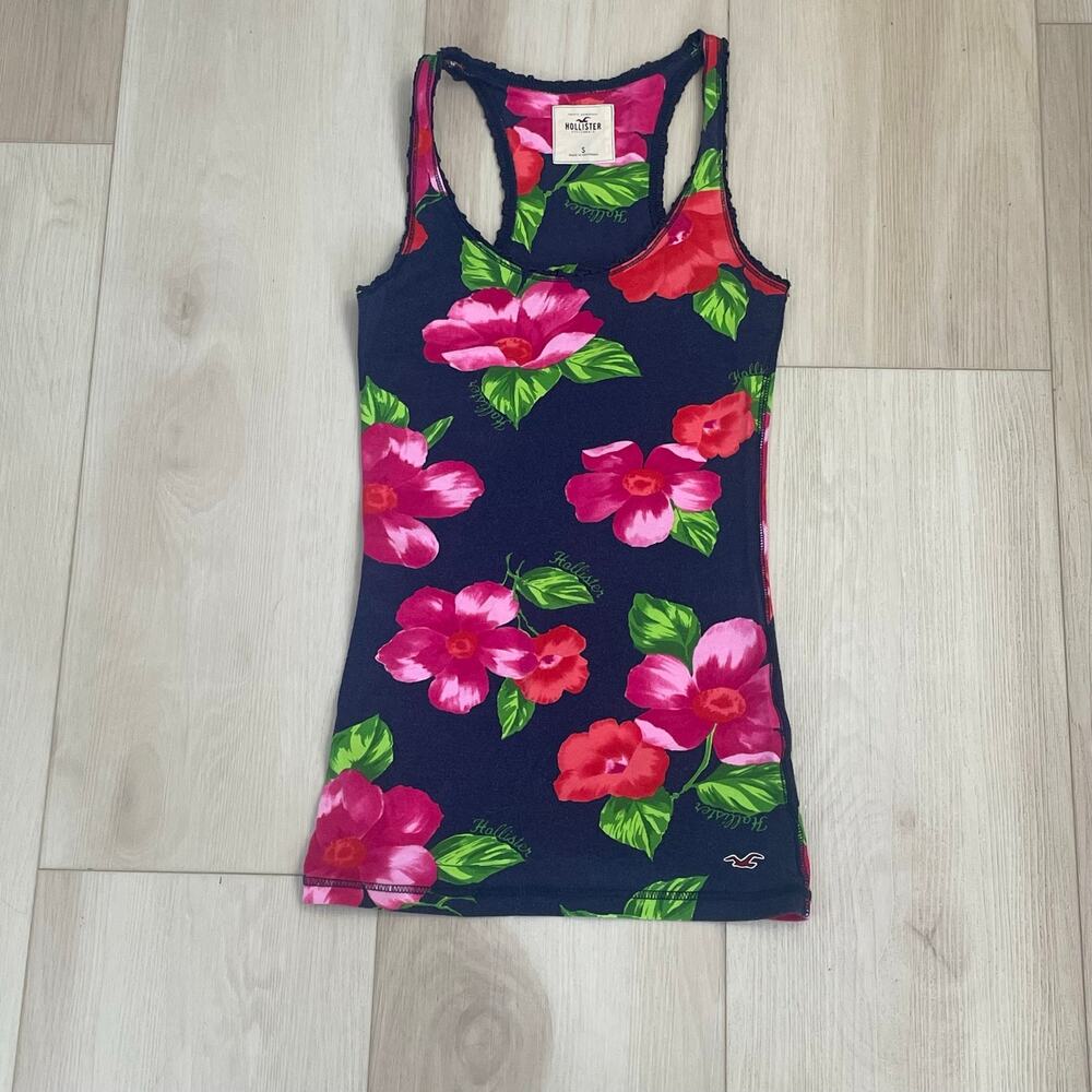 Hollister Floral Racerback Tank Top Y2K Tropical Navy Pink Size Small